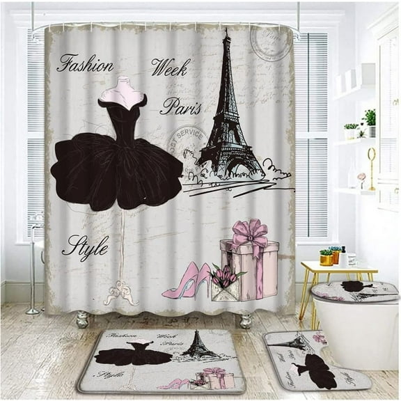 4 Piece Black Girly Dresses Shower Curtain Sets with Rugs, Toilet Lid Cover , Vintage Paris Eiffel Floral Girls Women Fashion Makeup Perfume Bottles High Heels Bathroom Shower Curtain with 12 Hooks