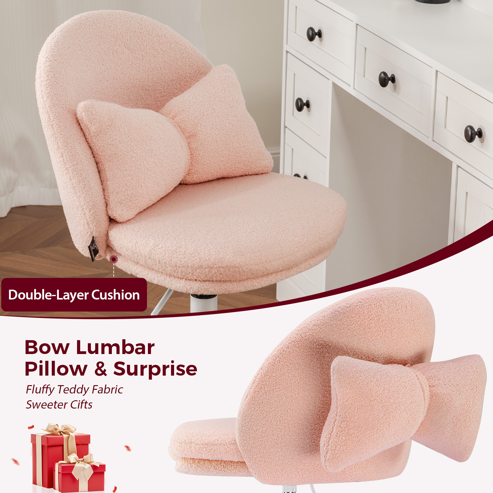 CloudRest Pro Vanity Chair with Back & Wheels, Adjustable Swivel Velvet Stool for Bedroom, Home Office, Pink