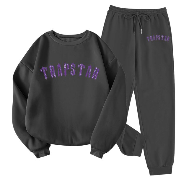 Trapstar Chandails Molletonnés à Col Rond pour Femmes Ensembles Manches Longues Graphiques Chandails Molletonnés pour Femmes Amples Trapstar Style de Rue Hip-hop Chandails Molletonnés à Enfiler+pantalon de Survêtement Ensemble pour Femmes de 2 Vêtements Classiques pour Femmes (Gris Foncé, TG)