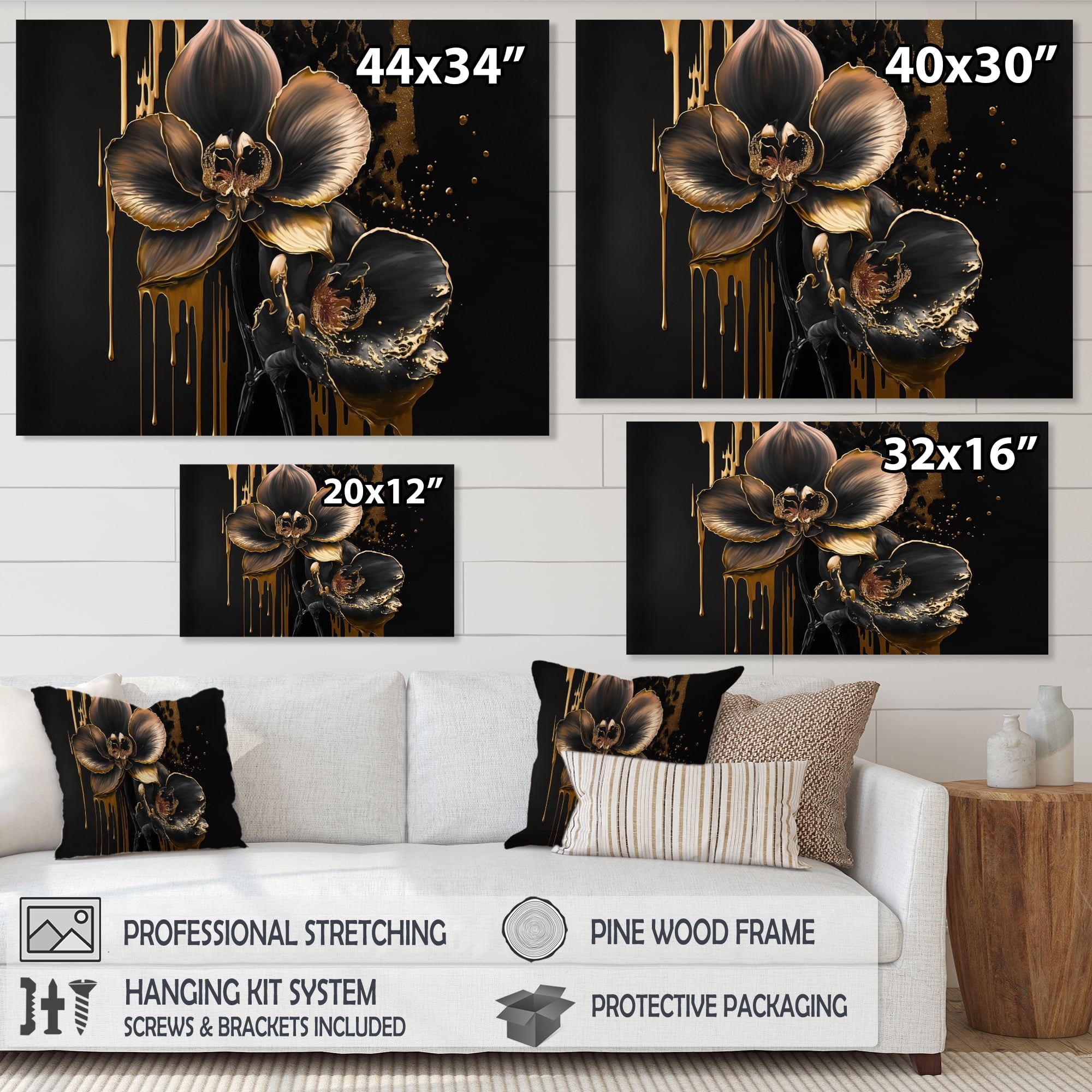 Designart Black And Gold Orchid I Canvas Wall Art