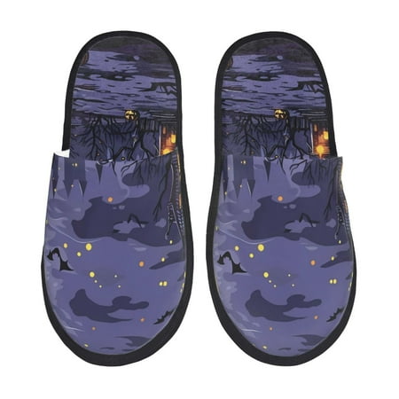 

Pofeuu Mystery House Halloween Night Print EVA Fuzzy House super light Slippers Slippers Scuff Outdoor Indoor Warm Cozy Plush Bedroom Shoes Soft Flat Comfy Anti-Slip-Medium
