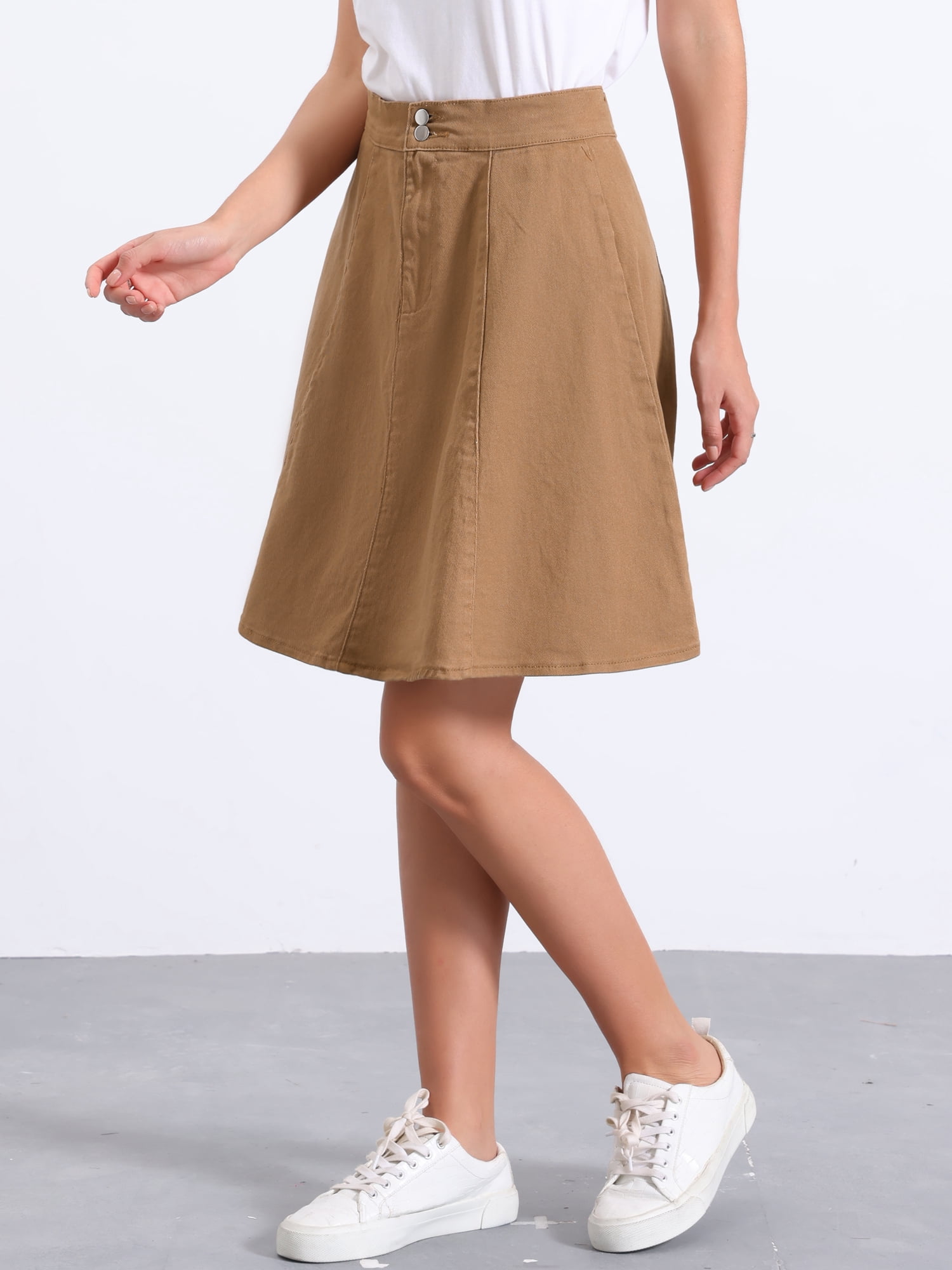 DARING DIVA Women's High Waist Stretch Knee Length Flared Jean Skirts M Brown