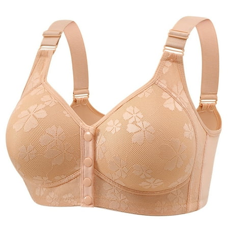 Moxiu Daisy Bras for Older Senior Women Front Closure with Snap Button Wireless Push Up Bras Everyday Wirefree Comfortable Sleep Bras Plus Size Beige XXXL