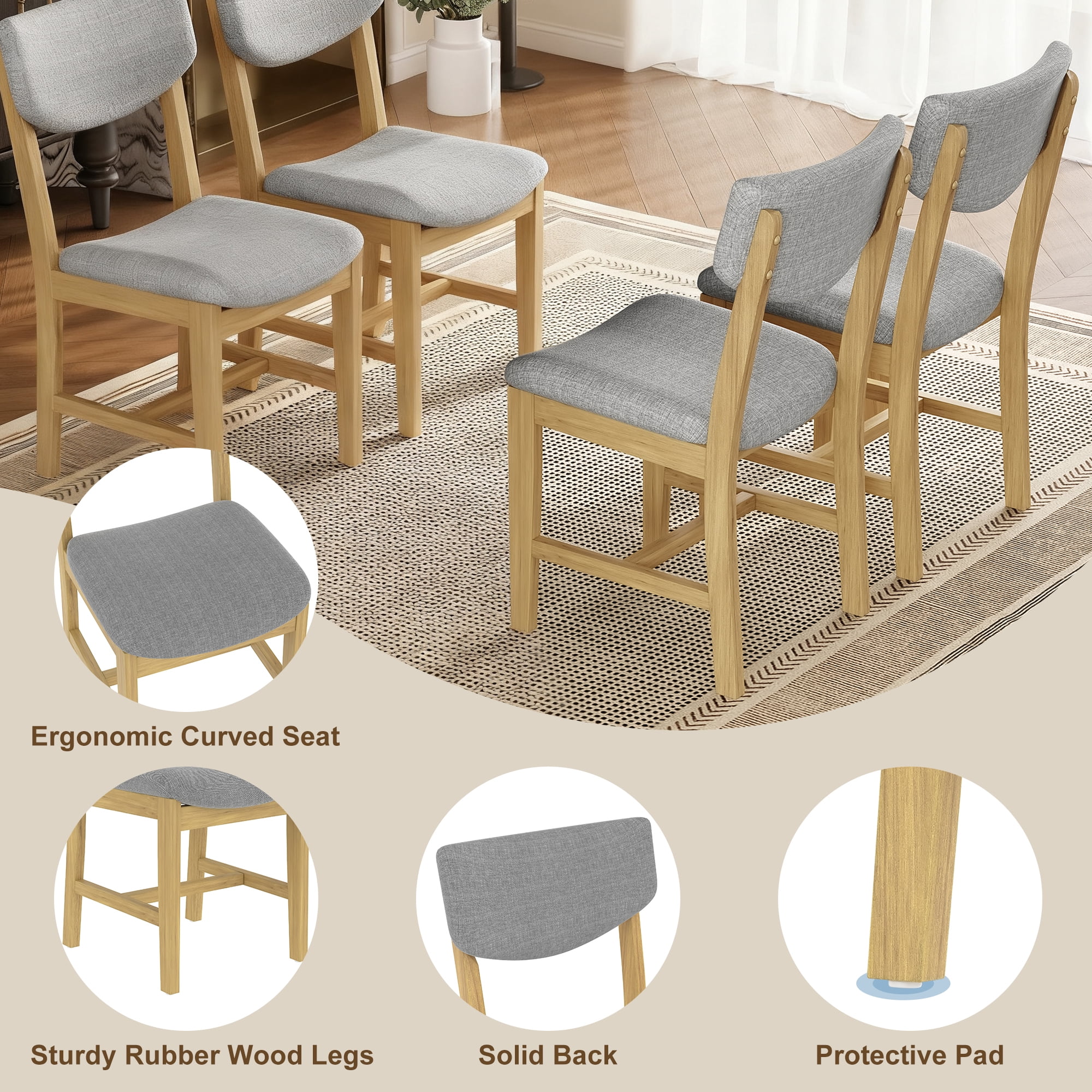 Euroco 5 Piece Dining Table Set for 4, Farmhouse Wood Kitchen Table Set with 4 Upholstered Chairs for Kitchen & Dining Room,Natural