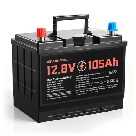 VEVOR 12V 105Ah Dual Purpose LiFePO4 Lithium Battery, 1000 CCA Group 24, Lithium-ion Starter Battery Plus Deep Cycle, Built-in Smart BMS, Car Start-Stop, for Automotive, Trolling Motor, Marine, RV