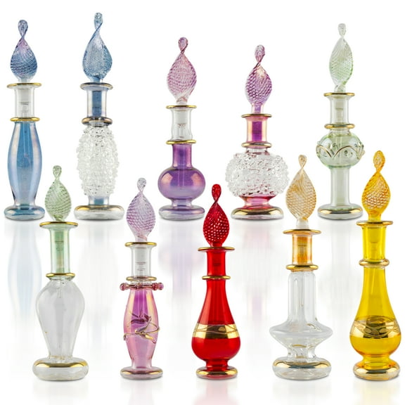 CraftsOfEgypt Genie Blown Glass Miniature Perfume Bottles for Perfumes & Essential Oils, Set of 10 Decorative Vials, Each 2" High (5cm), Assorted Colors