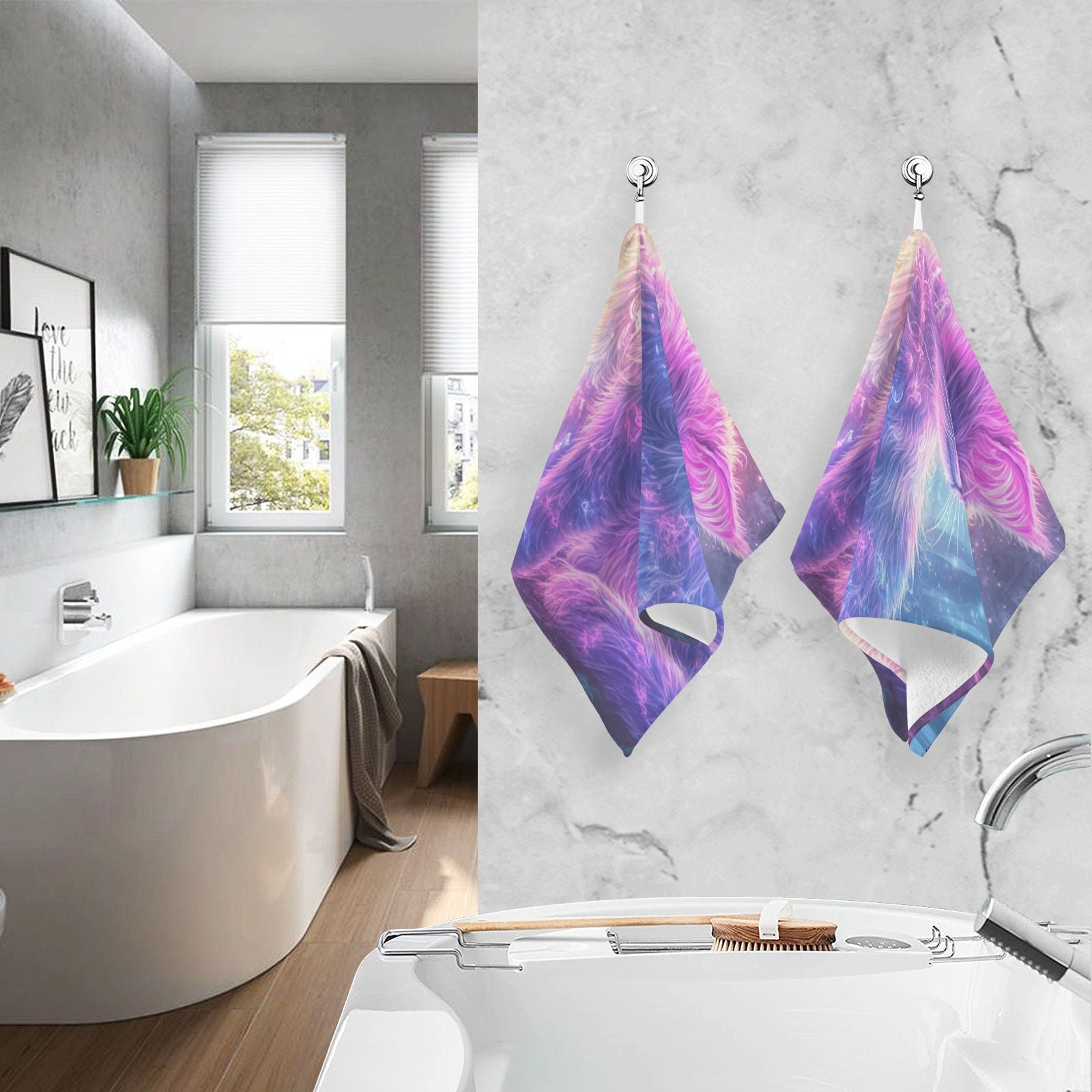 Cat Glowing Neon Hair Hand Towels Cotton Bath Towels Large Face Towels Absorbent for Bathroom 2 Packs