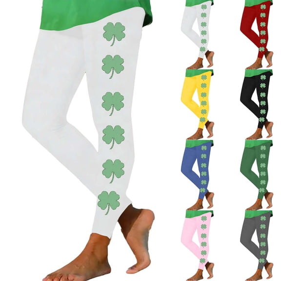Hueook St. Patrick's Leggings with Pockets Yoga Pants Women's St. Patrick's Day Printed High Waist Yoga Long Yoga Pant Running Yoga Loose Leisurely Pants White L