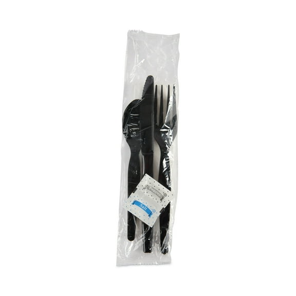 Boardwalk Six-Piece Cutlery Kit, Condiment/Fork/Knife/Napkin/Spoon, Heavyweight, Black, 250/Carton