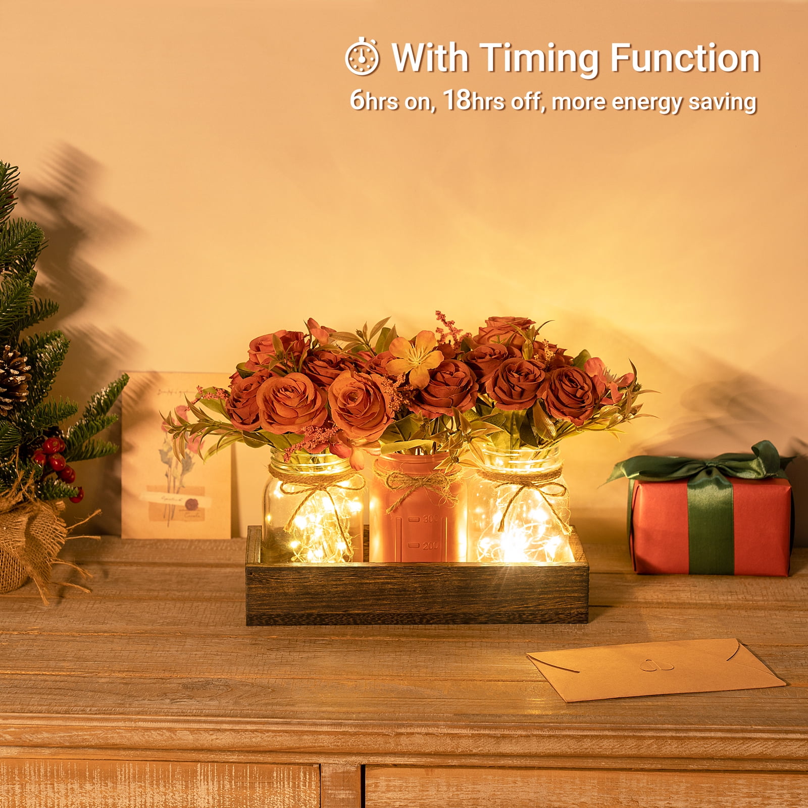 Mkono Mason Jar Lights Centerpiece Table Decorations with 3 Jars Flowers Centerpieces Decor, Orange