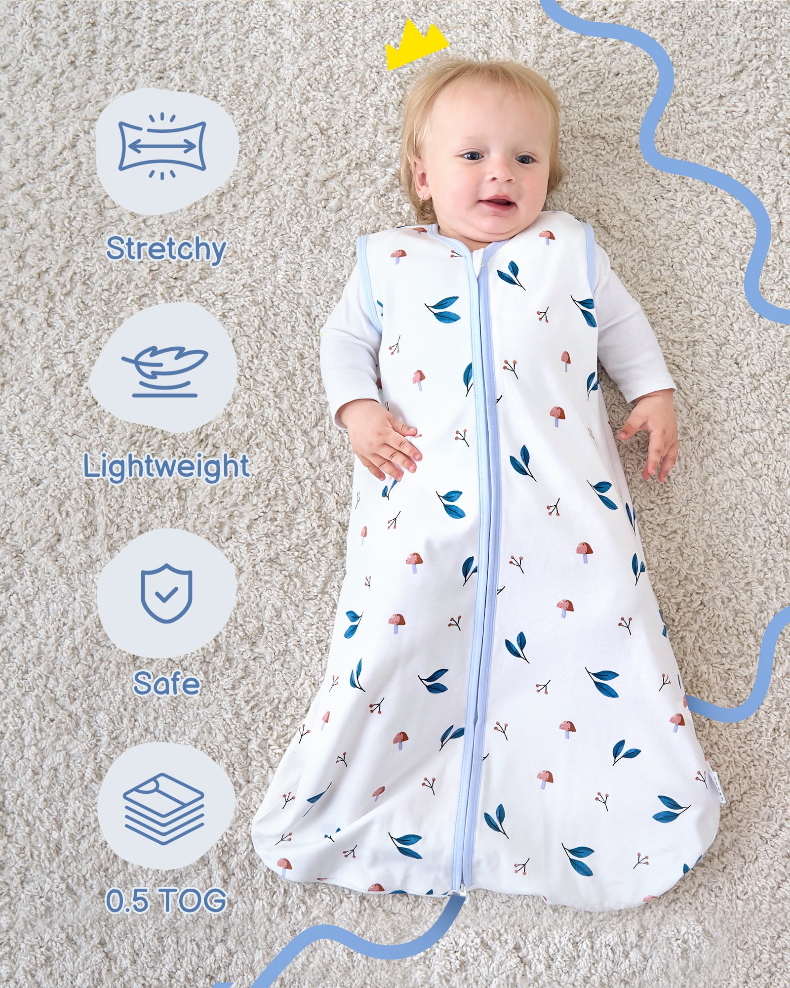 Baby Sleep Sack 0-6 Months, 100% Organic Cotton Wearable Blanket for Babies, 2-Way Zipper TOG 0.5 Lightweight Breathable Baby Sleeping Bag, 4 Sizes-S Animal&Plant&White