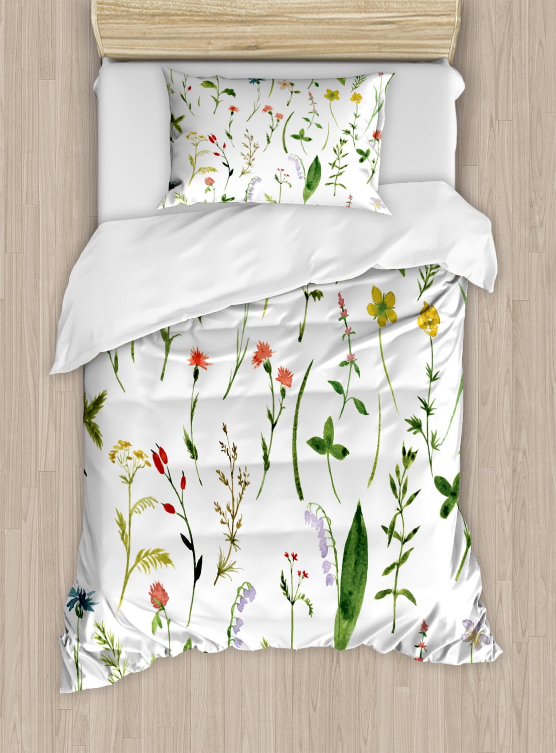 Watercolor Flower Duvet Cover Set, Different Kinds of Flowers with