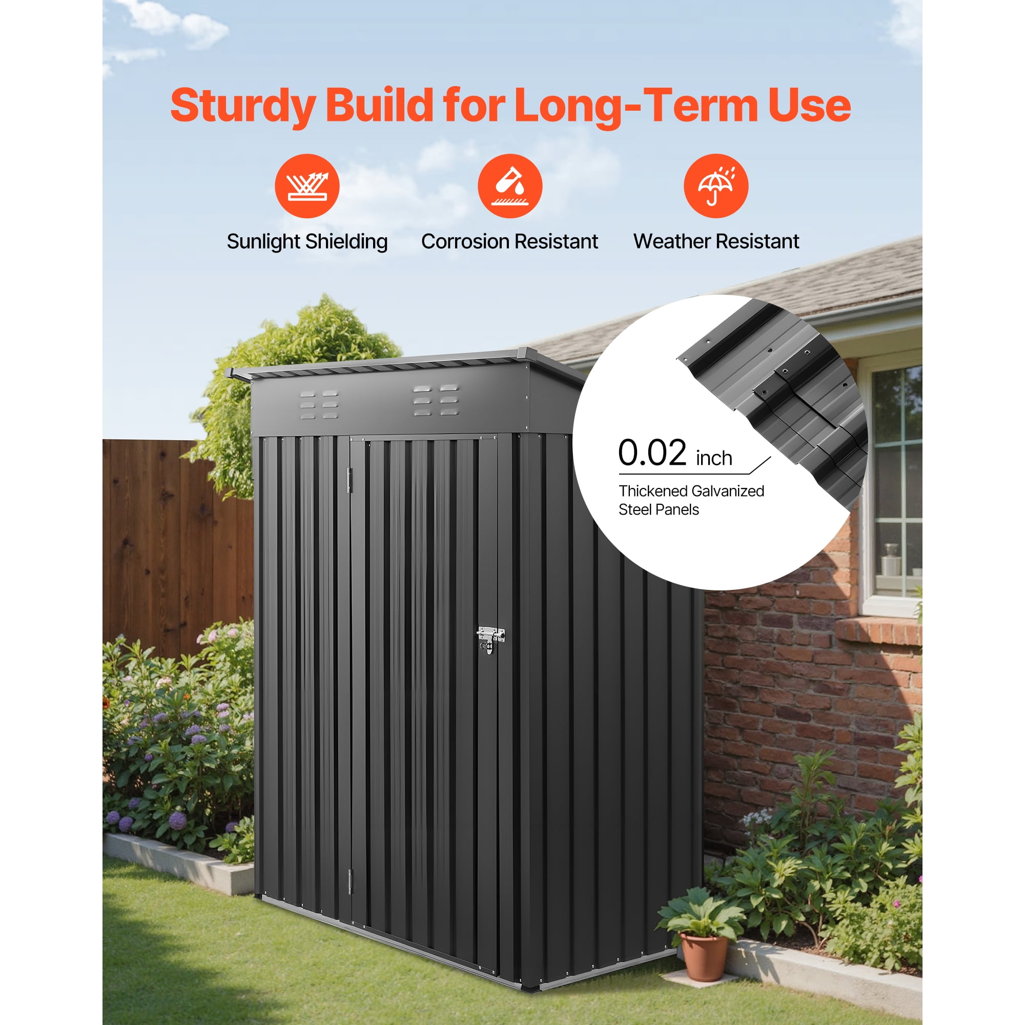 KFFKFF 5 x 3 FT Metal Garden Shed, Outdoor Storage Building with Lockable Door & Ventilation, Sloped Roof Metal Shed for Tools, Backyard, Garden, Patio, Bike, Gray
