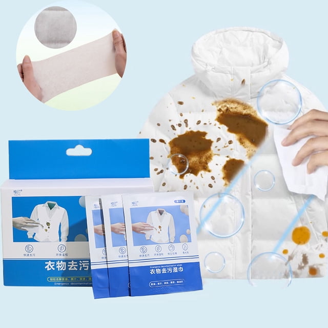 Toallitas limpiadoras de ropa Caja de 20 Unidades | Quitamanchas envasado individualmente | Toallita húmeda portátil para salsa de soja, vino, café, sudor, aceite | Tamaño viaje | 1ml Cada | Tejido