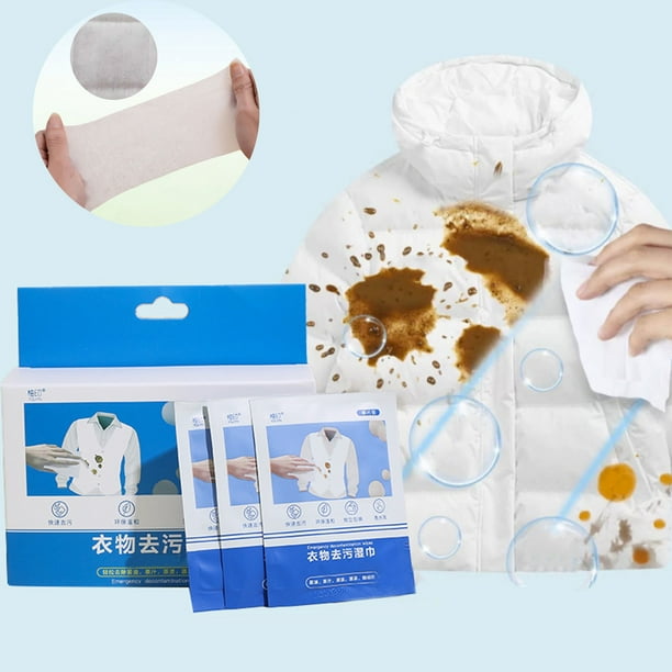 Toallitas limpiadoras de ropa Caja de 20 Unidades | Quitamanchas envasado individualmente | Toallita húmeda portátil para salsa de soja, vino, café, sudor, aceite | Tamaño viaje | 1ml Cada | Tejido