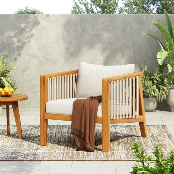 Christopher Knight Home Mid Century Outdoor Acacia Wood Rope Lounge Chair with Beige Cushions