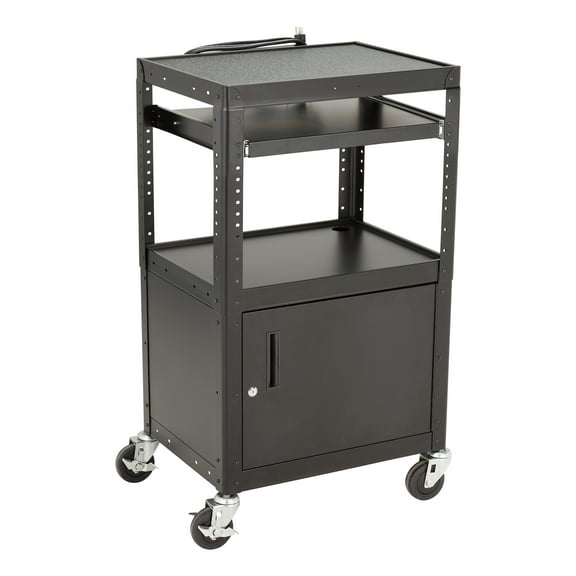 Norwood Commercial Furniture Adjustable-Height Metal AV Cart w/ Cabinet & Electric - Sliding Tray