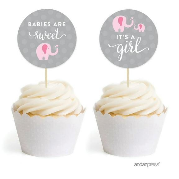 Pink Girl Elephant Baby Shower Cupcake Topper DIY Party Favors Kit, 20-Pack