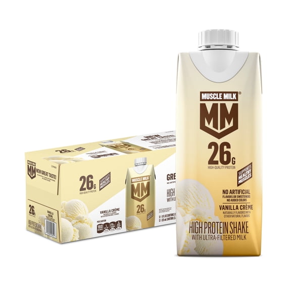 Muscle Milk 26g High Protein Shake, Vanilla Crème, Ultra- Filtered Milk 11 fl oz, 12 pack