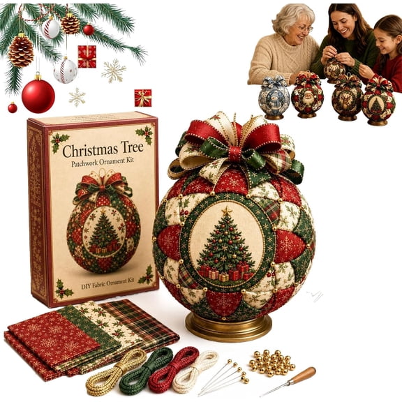 Christmas Tree Patchwork Ornament DIY Kit No-Sew 4 Inch Christmas Craft Kit with Fabric Beads Ribbon for Tree Mantel Decor.