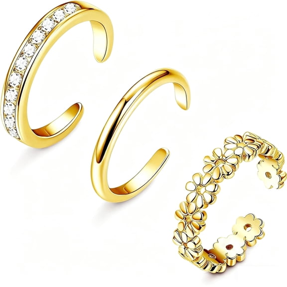 3Pcs Gold Filled Toe Rings for Women Non Tarnish 14K Gold Filled Toe Ring Adjustable Flower Cz Dainty Toe Ring Summer Beach Open Toe Rings Set Toe Jewelry Foot Jewelry