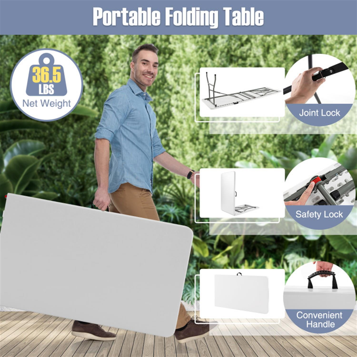 Demi Bonn 8 ft Portable Folding Table 350S Fold-in-Half Table with HDPE Tabletop fordoor Outdoor, Plastic Dining Picnic Party Camping Table, White