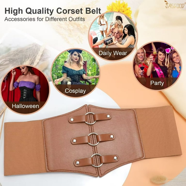 JASGOOD Women Corset Belts Wide Elastic Waspie Brown Waist Belt for Dress