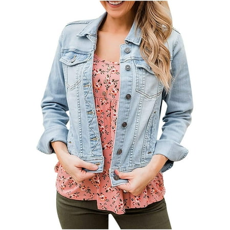 

jsaierl Womens Denim Jacket Long Sleeve Button Down Soft Denim Ladies Blue Jean Jacket