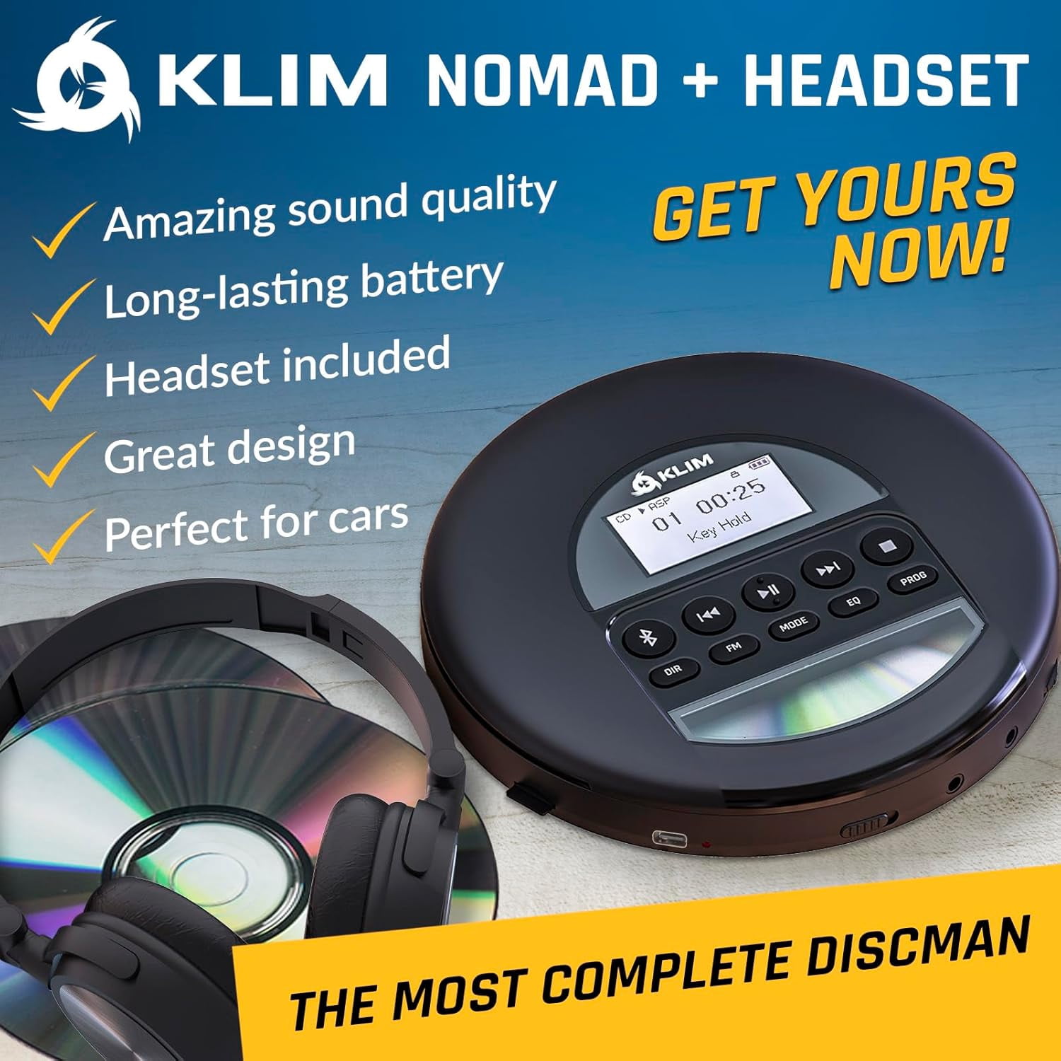 Restored KLIM Nomad Portable CD Player Walkman with FM Radio, Long Lasting Battery, Includes On-Ear Headphones, Black (Refurbished)