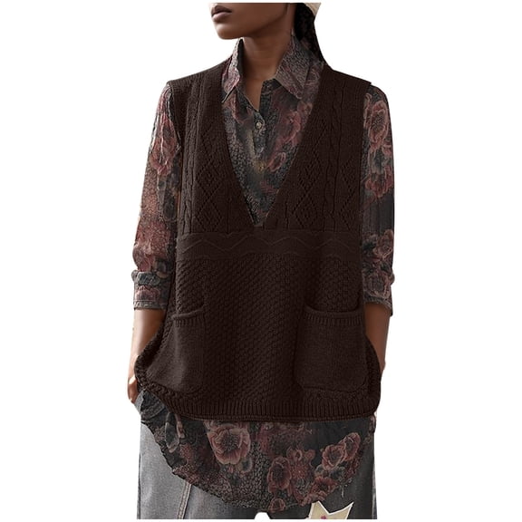 Sweater Vest Women Elegant Knit Pullover for Business Look Loose Vest Plus Size Ethnic Retro Style Pocket V Neck Knitted Vest Women's Spring And Autumn 2024