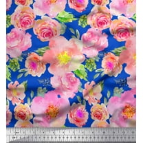 Soimoi Blue Cotton Duck Fabric Leaves,Pink & Peach Rose Watercolor Decor Fabric Printed BTY 42 Inch Wide