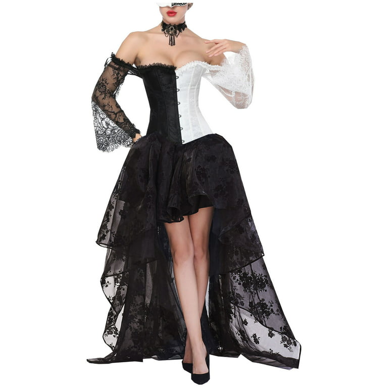  Women's Sexy Gothic Dress Long Sleeve Lace Mini Dress Steam Punk  Costume Halloween Goth Clothes Medieval Costumes : Sports & Outdoors