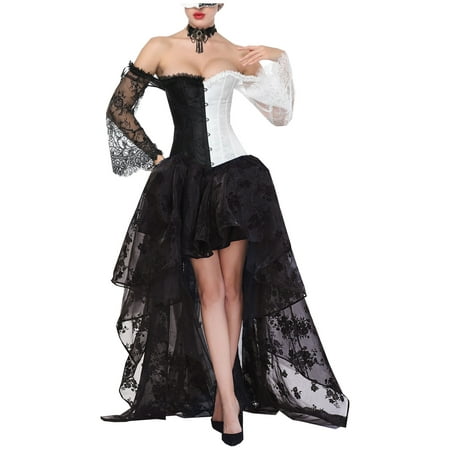 

VEKDONE Clearance 2023 Women s Sexy 2Pcs Off Shoulder Lace Sleeve Court Corset Irregular Goth Dress Two-Piece Halloween Costume Outfit 2 Pieces Victorian Medieval Dresses for Women