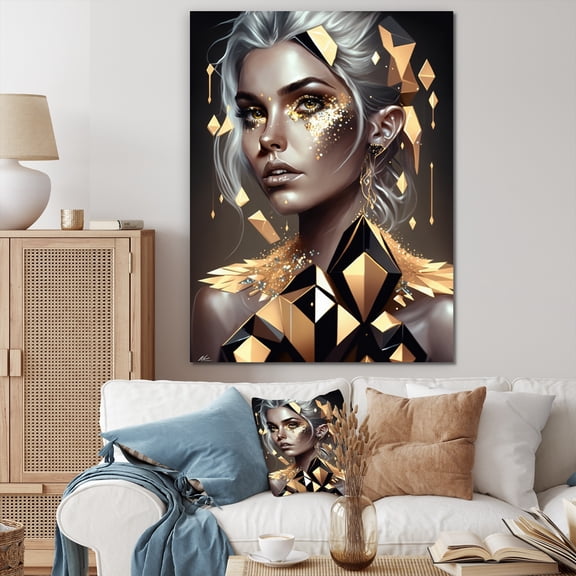 DESIGN ART Designart "Radiating Golden Woman I" Modern Woman Canvas Prints 16 in. wide x 32 in. high