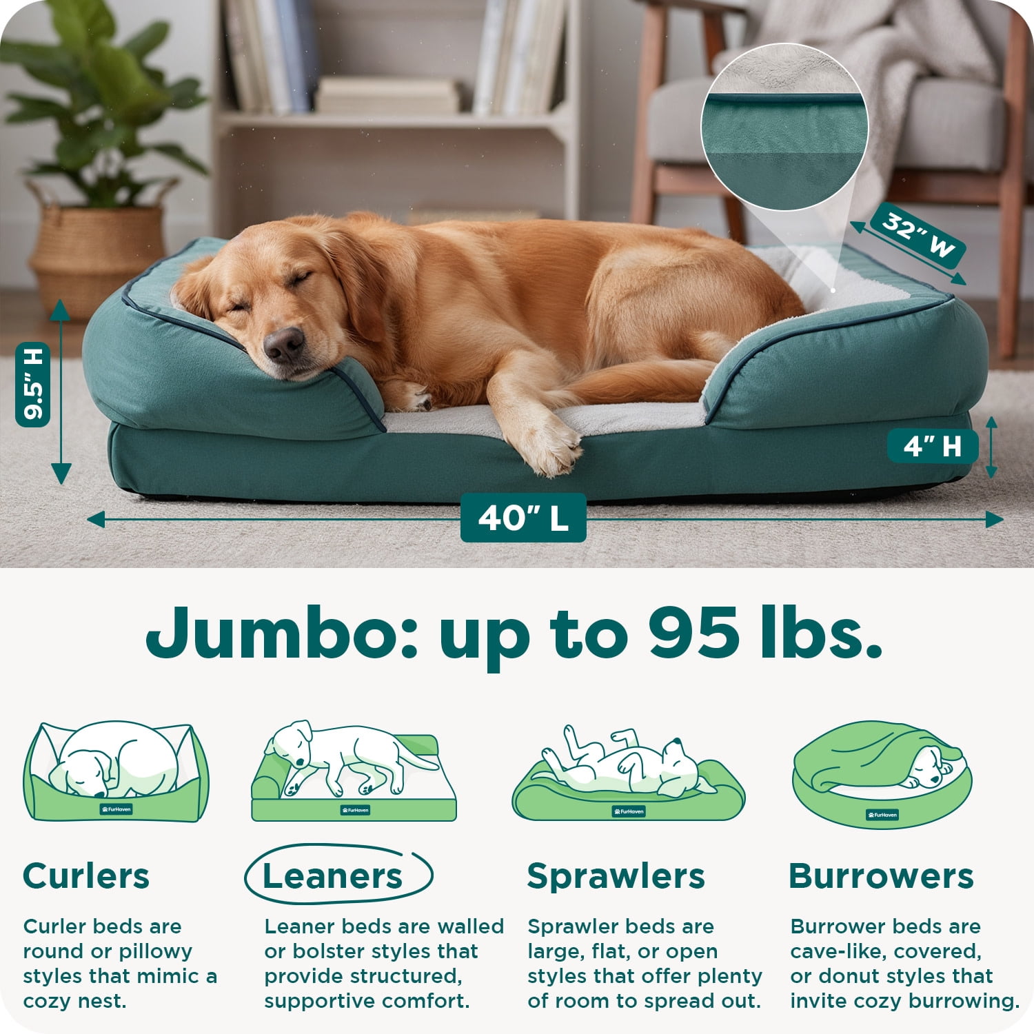 FurHaven Orthopedic Dog Bed For Large Dogs, Sofa-style With Orthopedic Egg Crate with a Solid Orthopedic Foam Base for Joint Support, Washable Cover, Jumbo XL, Plush & Velvet Waves, Celadon Green
