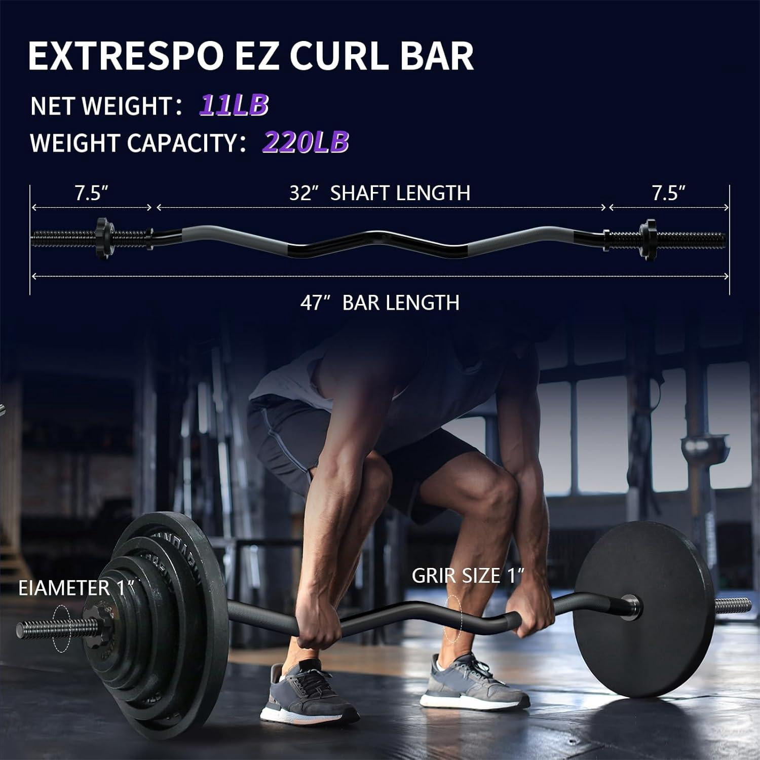 FIXTECH 47'' Curl Bar with Collars for All Standard 1" Plates, 220-Pound Capacity, Black
