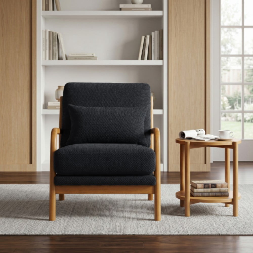 Wooden Lounge Chair, Modern Upholstered Accent Chair with Solid Wood Armrests, High-Density Foam Cushion, Reclined Backrest for Living Room, Bedroom & Office, Matt Black