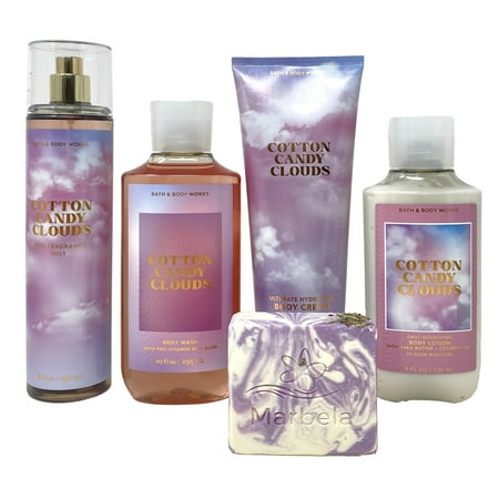 Bath & Body Works Cotton Candy Clouds Deluxe Gift Set - Mist, Body Cream, Body Lotion and Body Wash with Marbela Lavender Dream Bar Soap.