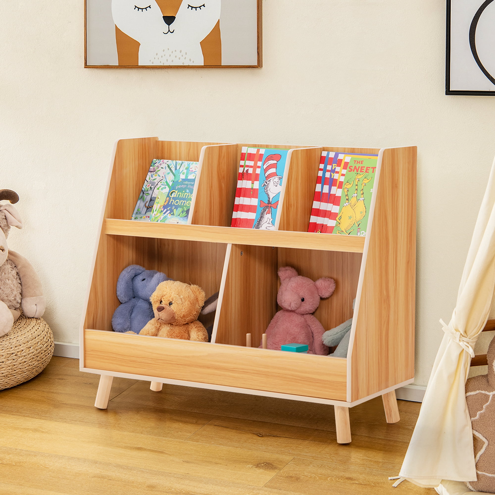 Costway 5-Cube Kids Bookshelf and Toy Organizer Wooden Storage Bookcase with Wood Legs Natural