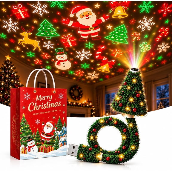Clearance!Christmas Projector Light, USB Powered Christmas Night Light with 6  Holiday Patterns, Flexible Tree Lamp for Bedroom, Ceiling, Desk & Holiday Decor
