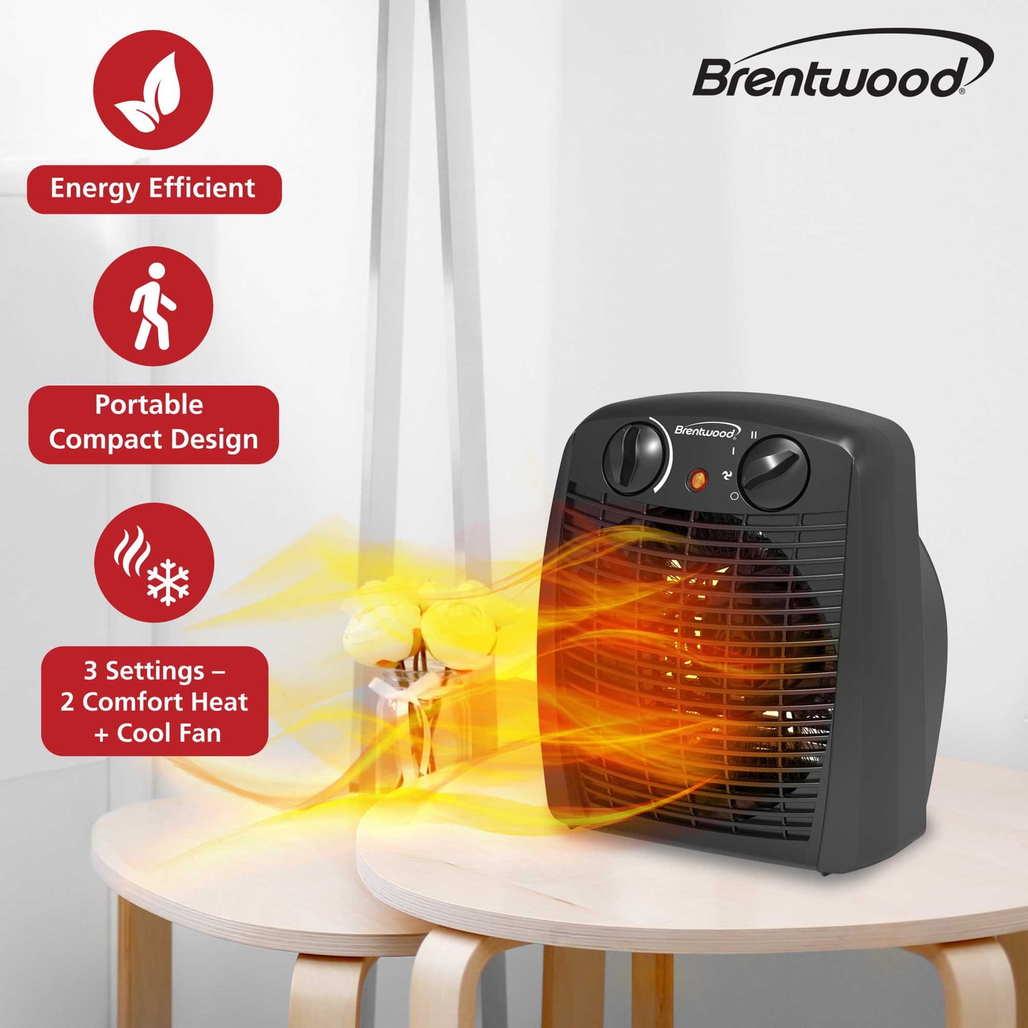 Brentwood 1,500-Watt-Max Portable Electric Space Heater and Fan, Black, H-F305BK