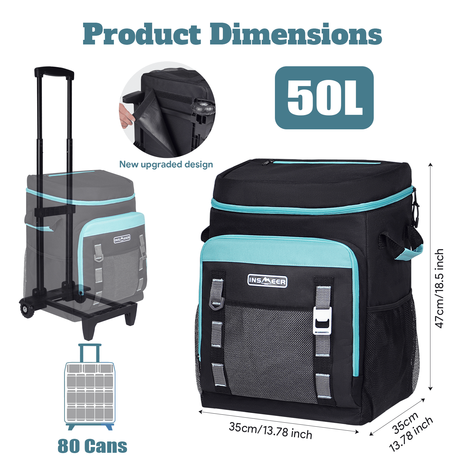 INSMEER Cooler with Wheels - 50L/80Cans Soft Cooler Bag, Insulated, Collapsible Rolling Cooler - Ideal for Beach, Camping, Travel, Picnic, Grocery Shopping