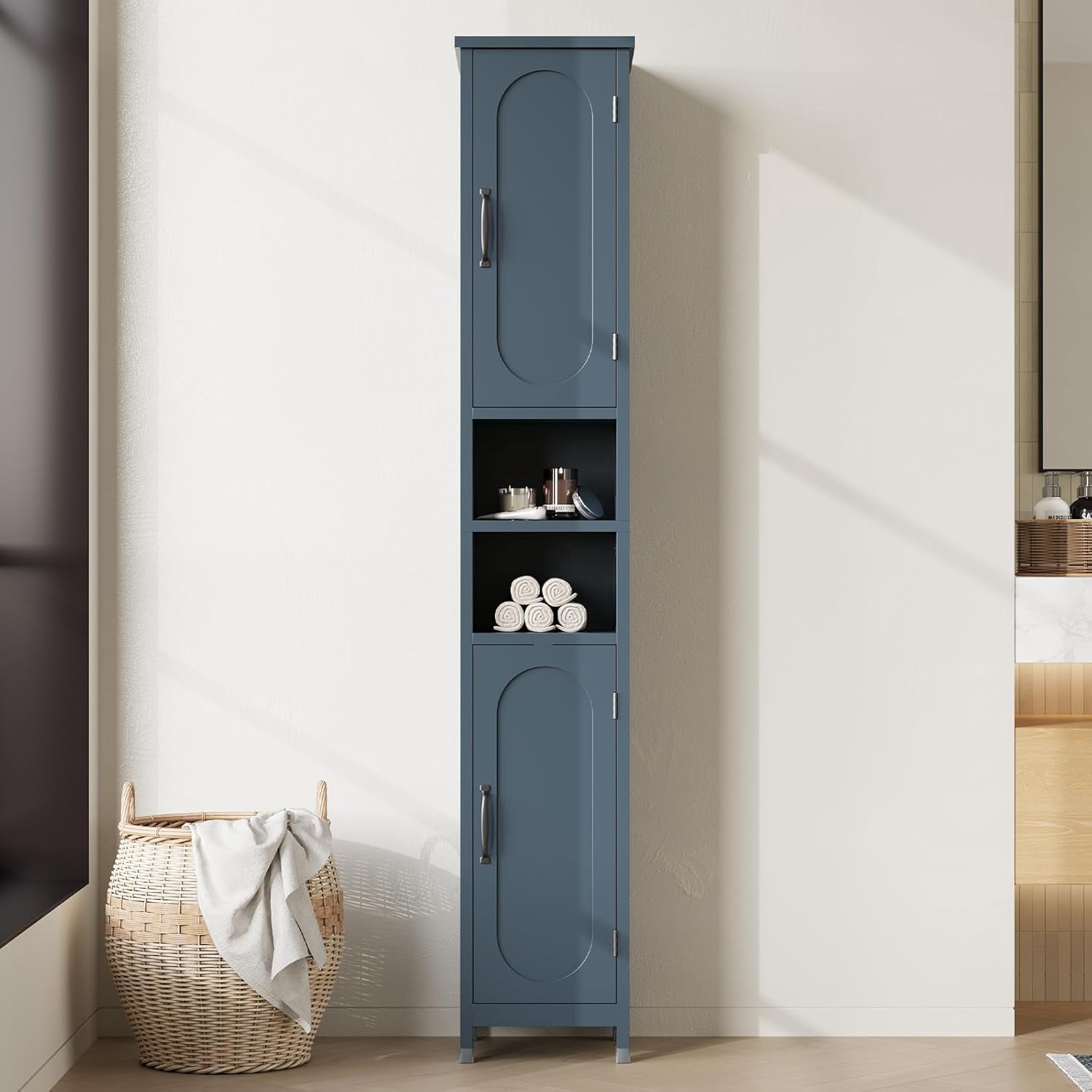 67" Tall Bathroom Storage Cabinet with Lights, Slim Narrow Bathroom Cabinet Organizer with Doors and Adjustable Shelves, Tall Cabinet for Small Space, Living Room, Kitchen, Blue