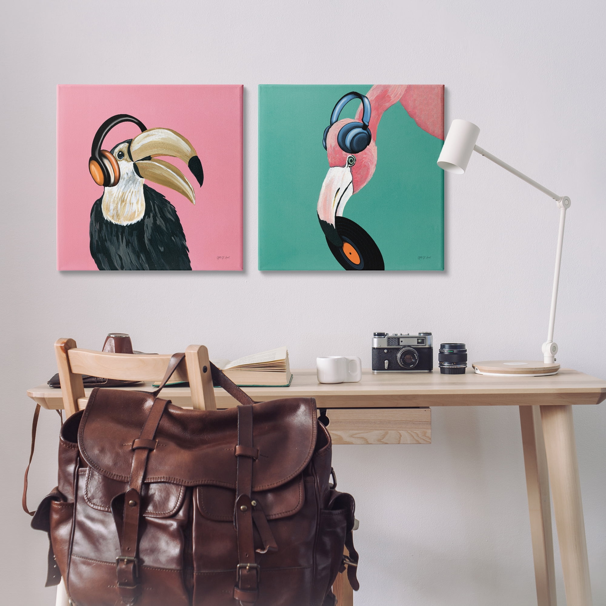 Stupell Industries Toucan and Flamingo Musical Pals Animals Painting Wrapped Canvas Art Print Wall Art, 24 x 24, Set of 2