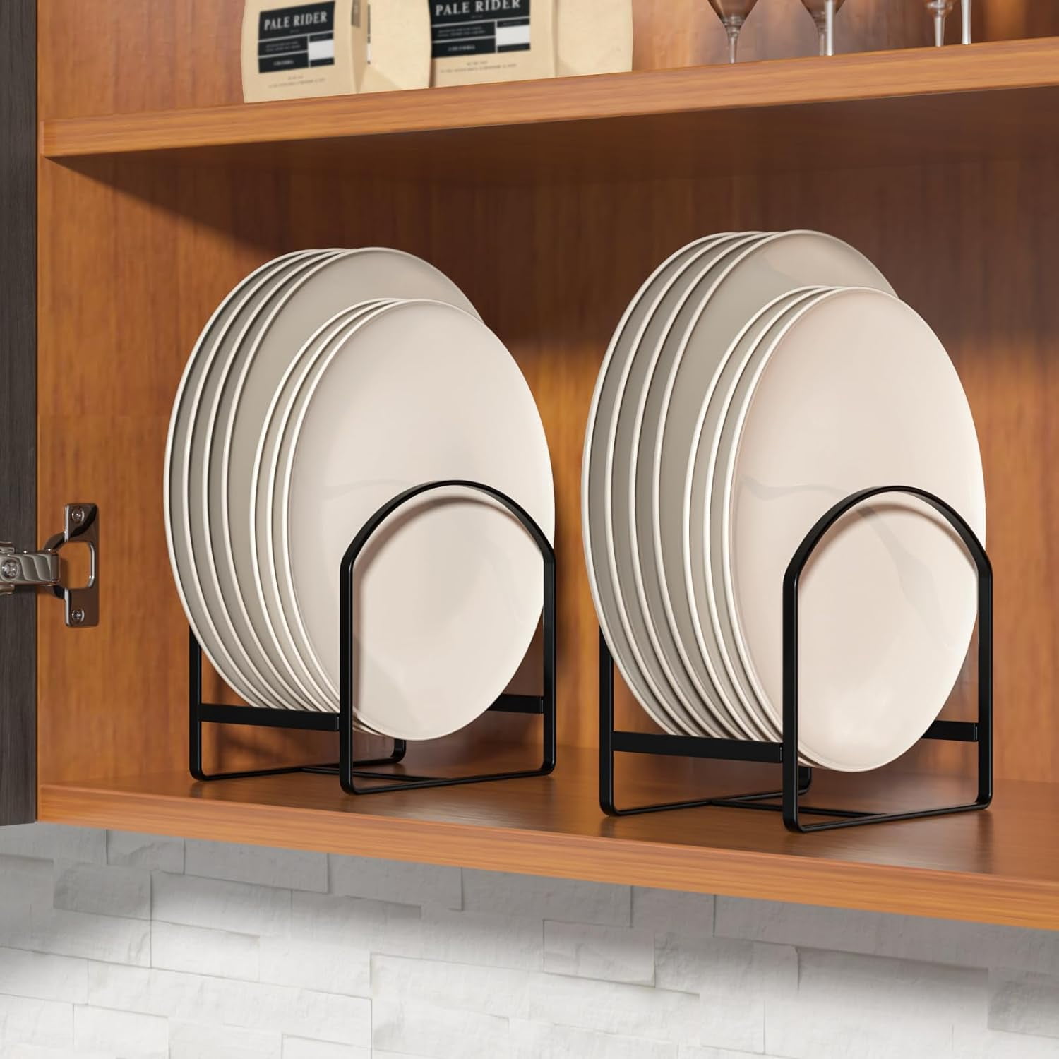 SUNFICON 4 Pack Plate Holder Organizer Large Dish Storage Rack Upright Dish Drying Racks Metal Plate Dish Racks Stand for Cupboard and Countertop-Non-Slip & Rustproof Black,2 Large and 2 Small