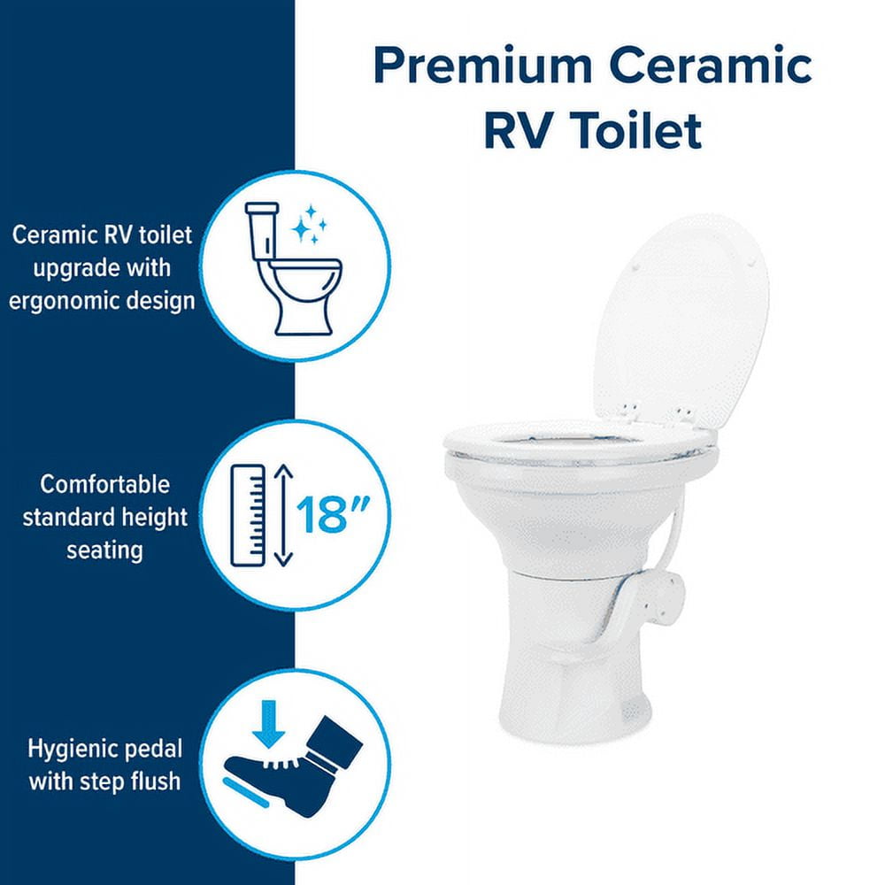 Camco Premium Ceramic Camper/RV Toilet | Features a Gravity Flush System with Convenient Foot Pedal & Full-Sized Ergonomic Design with 18-In Chair Height | Includes Soft-Close Wood Seat & Lid (41710)