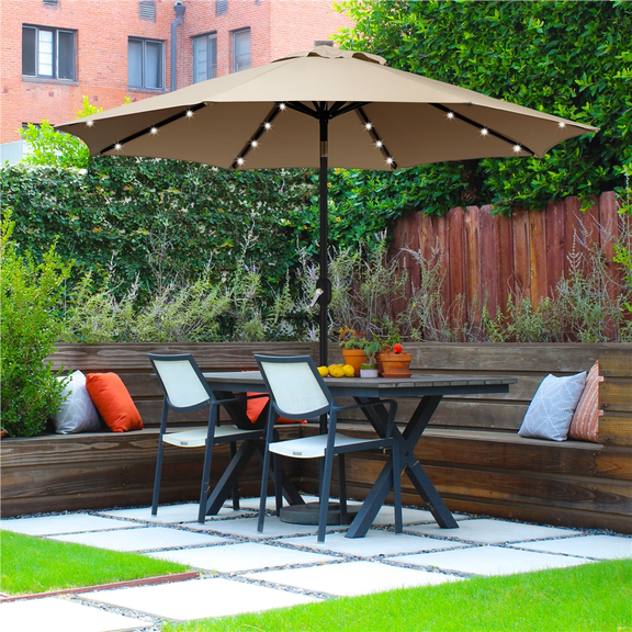 Yaheetech 9FT LED Patio Market Umbrella with 22lbs 17.5'' Patio Market Umbrella Base, Tan