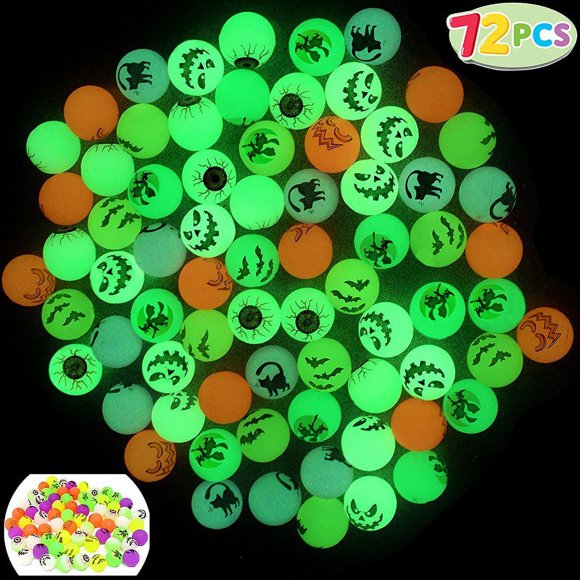 72 glow-in-the-dark halloween bouncing balls, 8 halloween themed designs for halloween party supplies, classroom prizes, school games, gift bag fillers, trick or treat halloween party favors