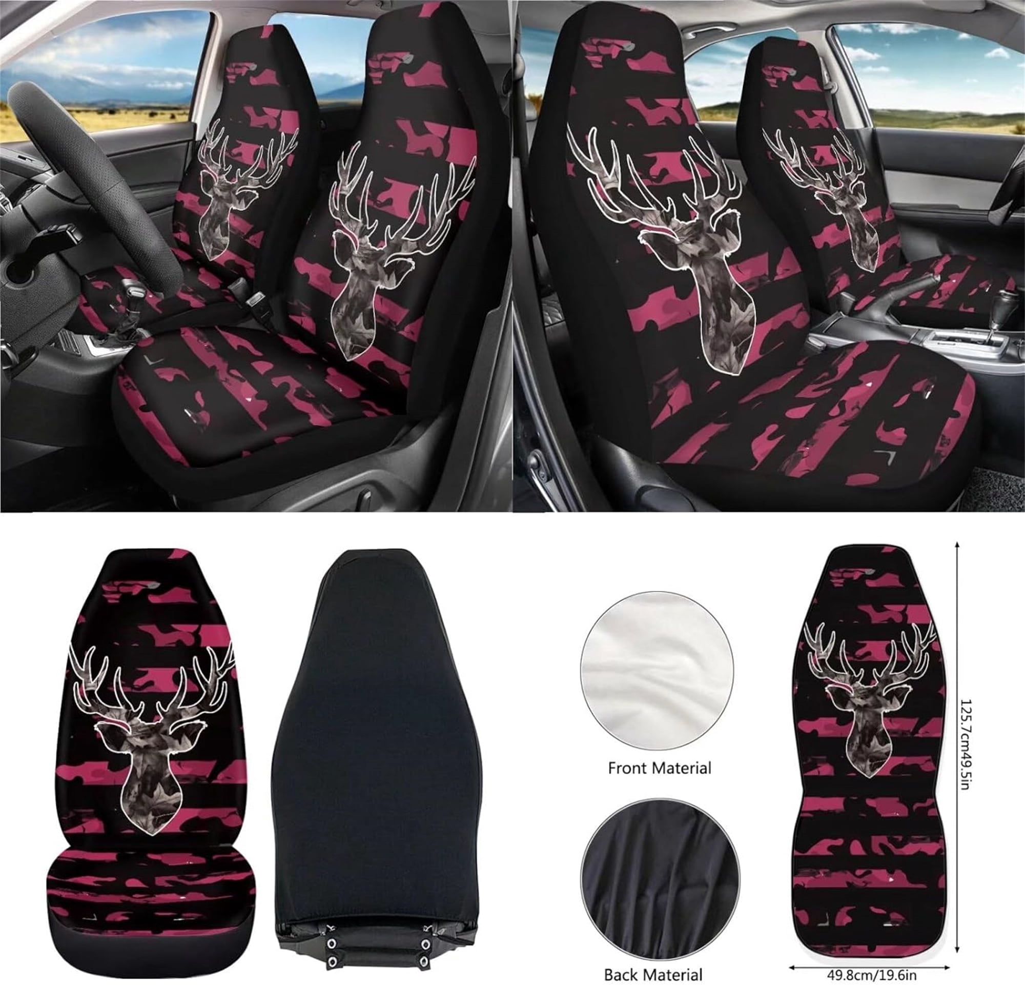 Jeiento Deer Front Car Seat Covers Full Set 12 PCS with Steering Wheel Cover Seat Belt Pads Center Console Cover Coasters Trash Bin Phone Holder Cup Holders Rearview Mirror Cover Key Ring Pink Camo