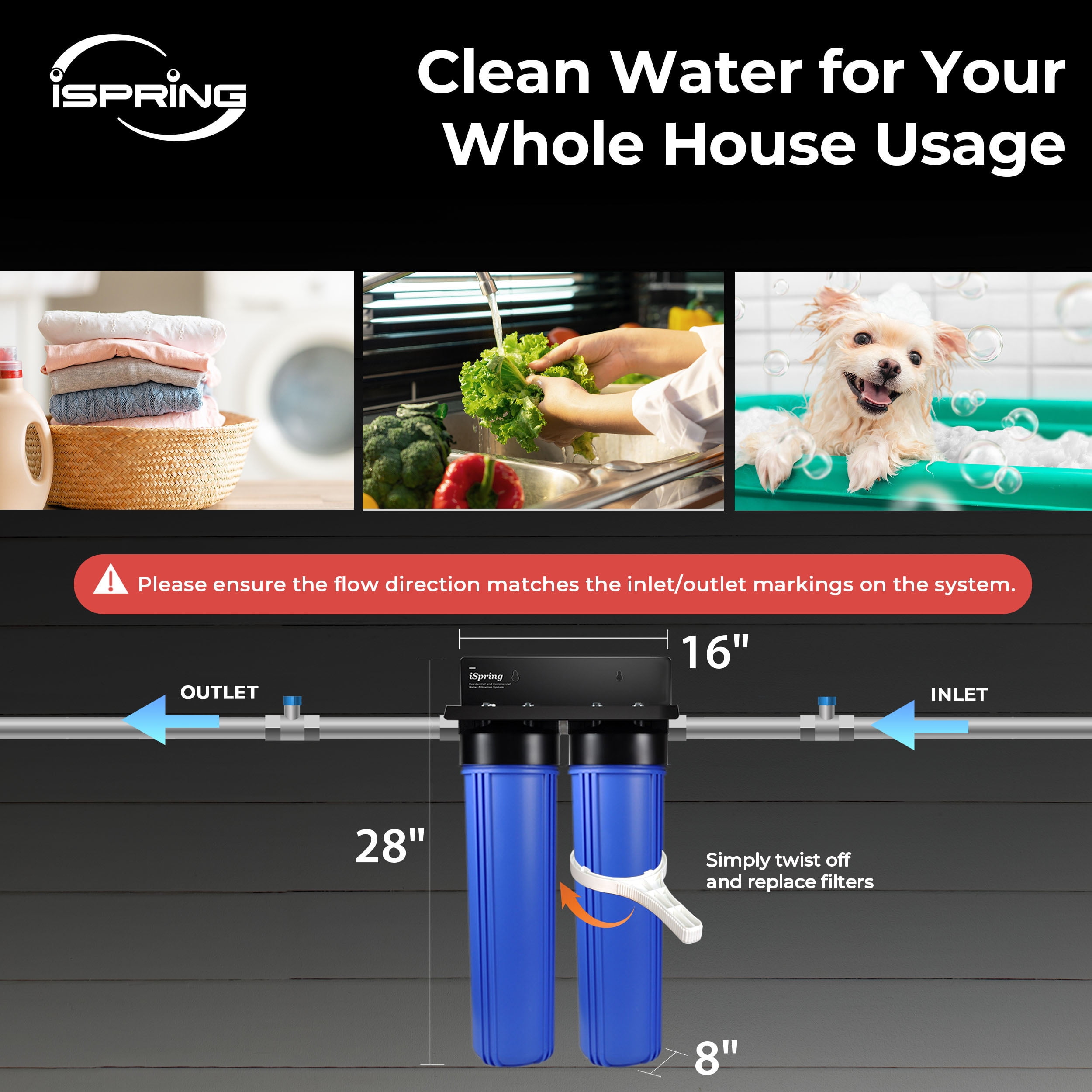 iSpring Whole House Water Filter System, Reduces Sediment, PFAS, Heavy Metals, Chlorine, Chloramine, Hydrogen Sulfide, 2-Stage Whole House Water Filtration System, Model: WGB22B-KS